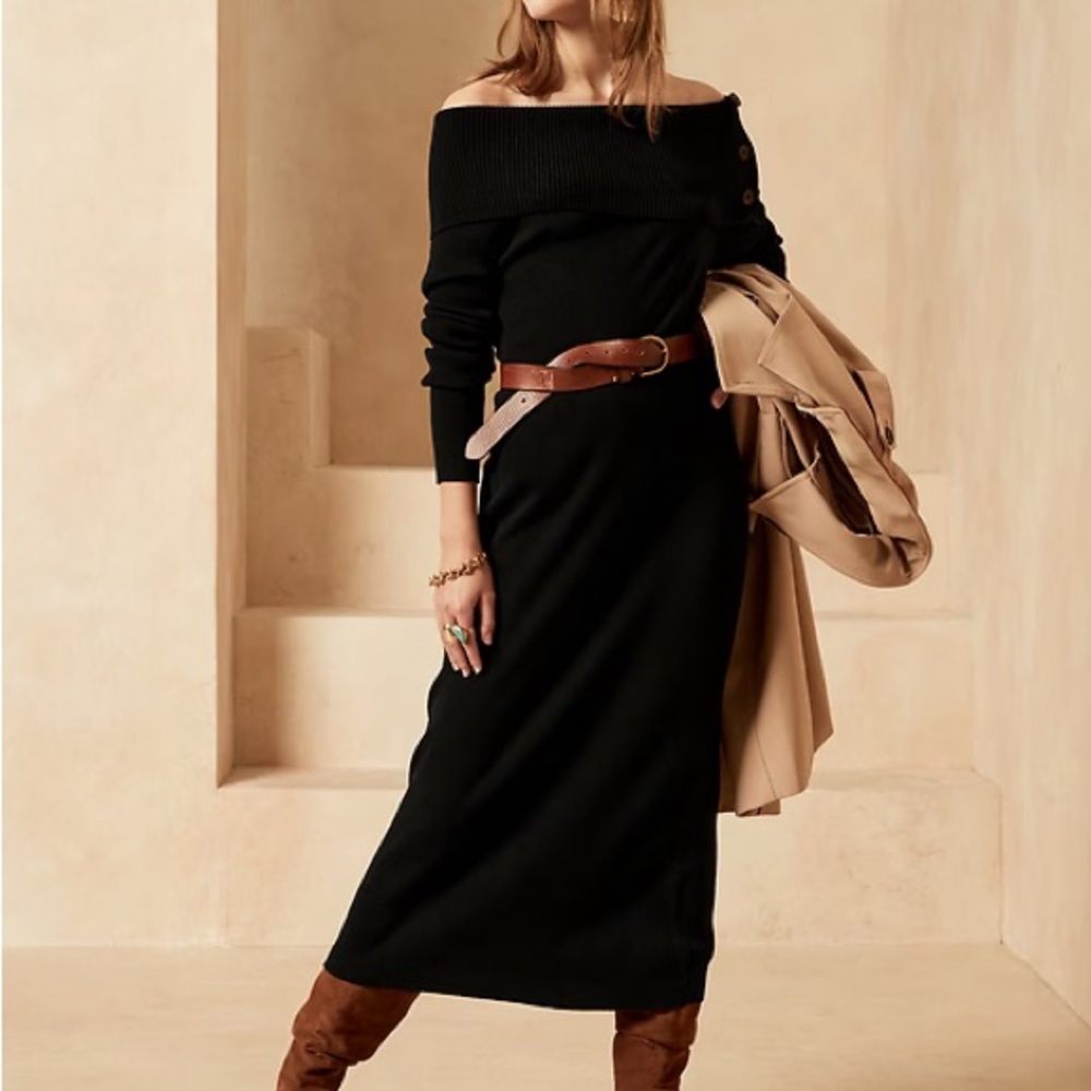Banana Republic Black Off-Shoulder Long Sleeve Sweater Dress, Size XS